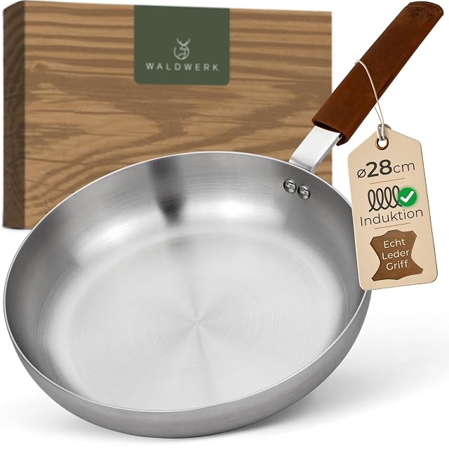 Padella in acciaio inox WALDWERK da 28 cm con manicotto in pelle sul manico